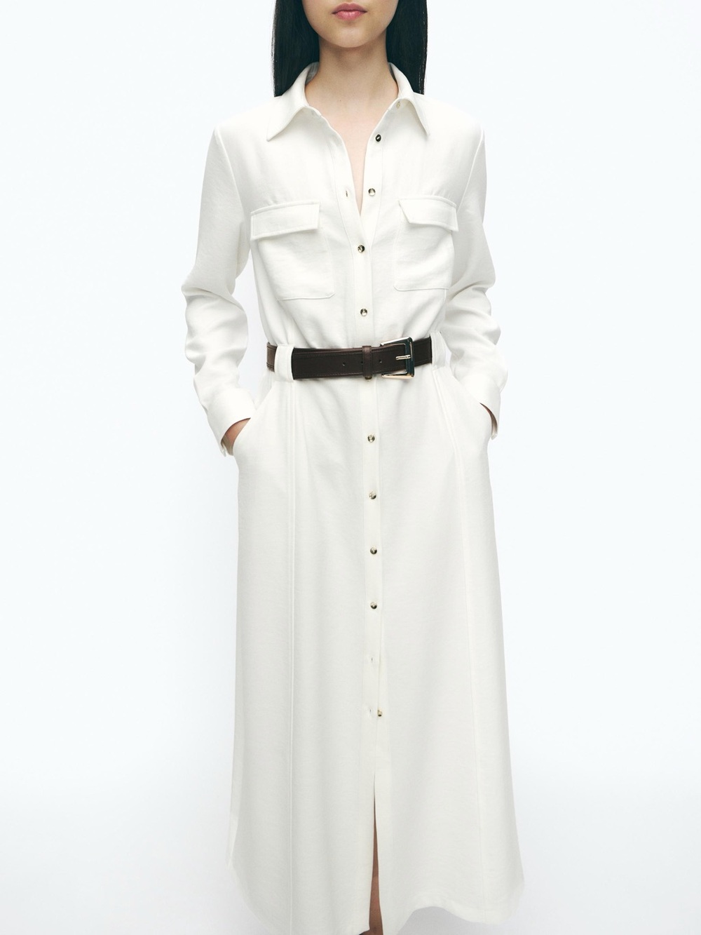 Zara Cream Belted Long Sleeve Button Up Dress